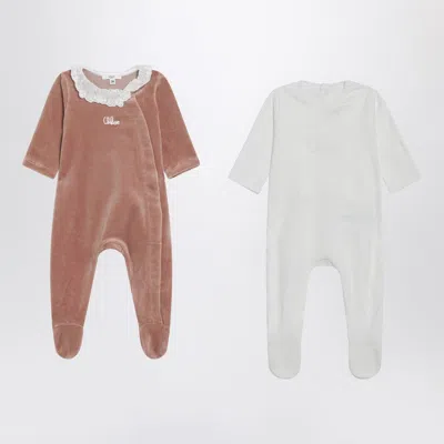 Chloé Set Of 2 Cotton Sleepsuits White And Beige In Multi