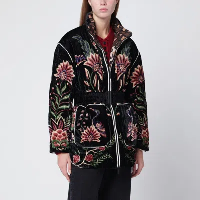 Farm Rio Padded Velvet Jacket With Floral And Bird Embroidery In Black