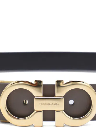 Ferragamo Adjustable Reversible Belt Gold-tone Buckle In Gray