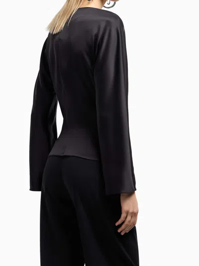 Giorgio Armani Silk Satin Draped V-neckline Waist Long Sleeves In Black