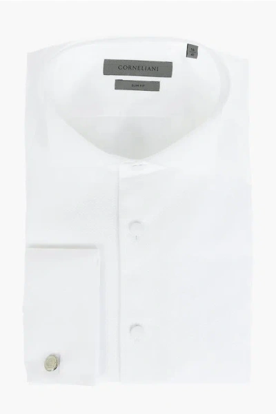 Corneliani Birds'eye Cotton Slim Fit Shirt With Wing Tip Collar And Cuf In White