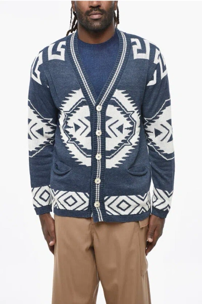 Altea Cotton And Linen Etnico Cardigan In Blue