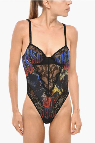 Dsquared2 Bareback High-cut Bodysuit With Lace Details In Multi