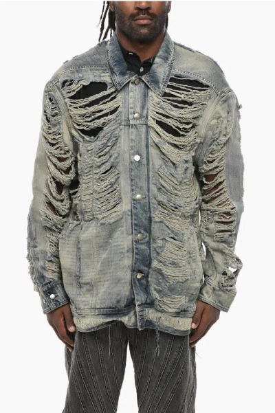 Rick Owens Luxor Distressed Denim Jumbo Worker Jacket In Blue