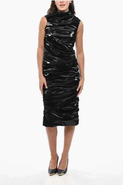 Alexander Mcqueen Ruched Pu-coated Crepe Midi Dress In Black