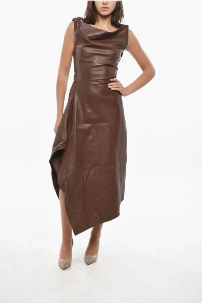 Bottega Veneta Asymmetric Draped Leather Midi Dress In Brown