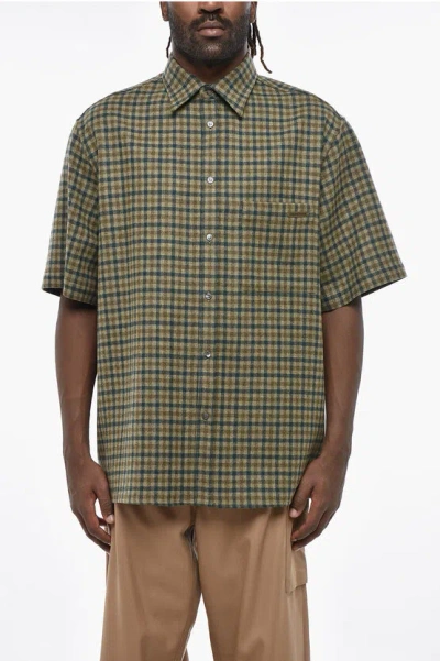Darkpark Checked Wool And Cashmere Short Sleeved Shirt With Breast Po In Green