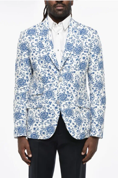 Junya Watanabe By Comme De Garcons Man Patterned Linen 3-button Blazer In Blue