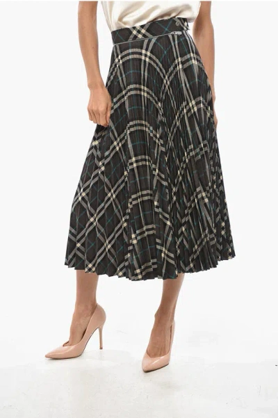 Burberry Women Long Multicolor Pleated Skirt With Check Motif In Wool Blend Woman