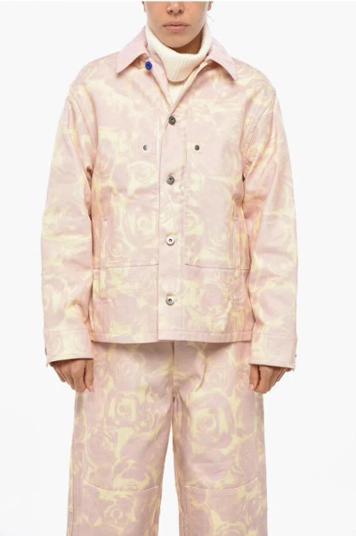 Burberry Floral Patterned Denim Jacket With Corduroy Collar In Neutral
