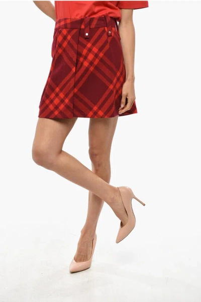 Burberry Virgin Wool Wrap Miniskirt With Tartan Pattern In Red