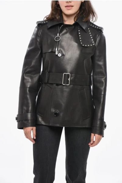 Burberry Short Leather Jacket With Studs And Buckle In Black