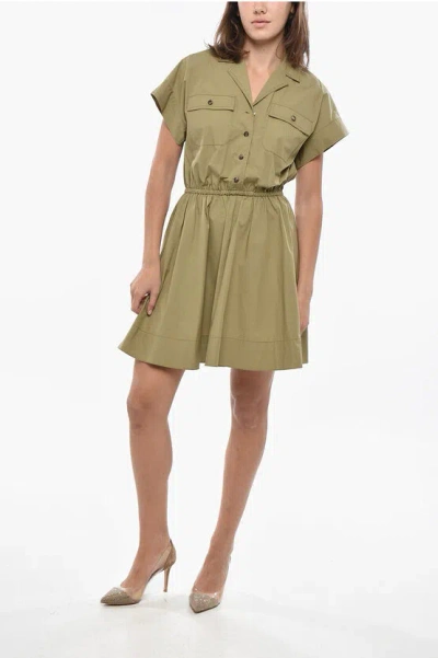 Tory Burch Cotton Blend Shirt Dress With Elastic Waistband In Green