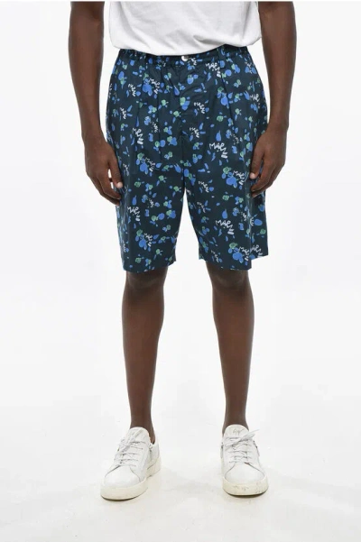 Marni Single-pleated Poplin Cotton Shorts With All-over Logo In Blue