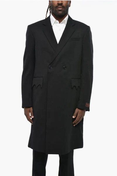 Raf Simons Solid Color Double-breasted Coat With Scalloped Flap Pockets In Black