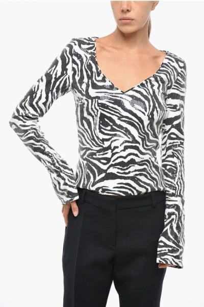 Rotate Birger Christensen V Neck Sequined Top With Zebra Motif In Black