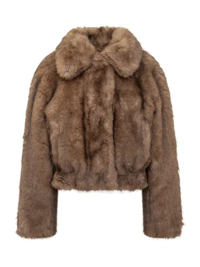 Stand Studio Cropped Faux Fur Jacket With Rounded Collar In Brown