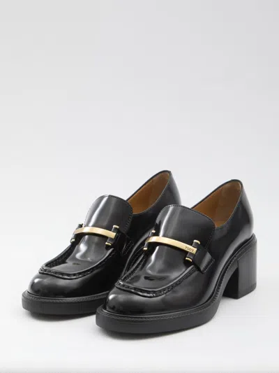 Tod's Block Heel Round Toe Loafers With Hardware In Black