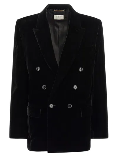 Saint Laurent Black Velvet Double-breasted Blazer In Black