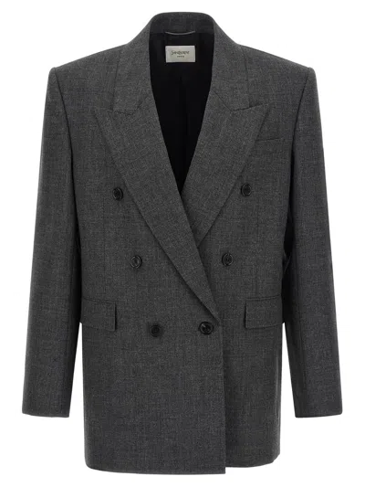 Saint Laurent Double-breasted Blazer In Gray