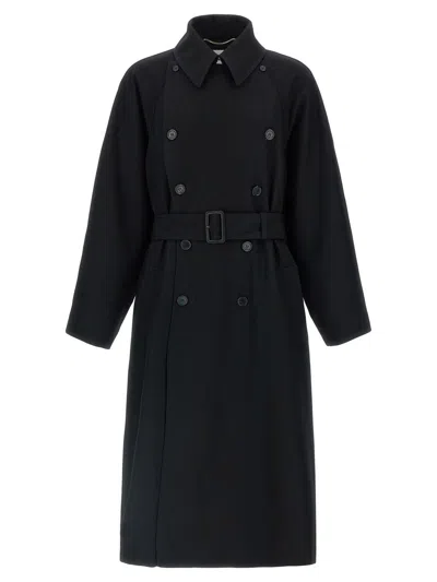 Saint Laurent Long Wool Coat With Belt And Pockets In Blue