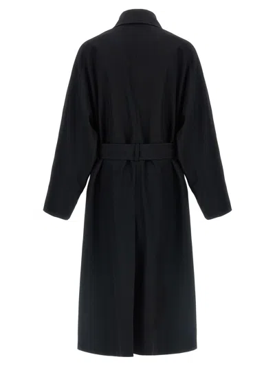 Saint Laurent Long Wool Coat With Belt And Pockets In Blue