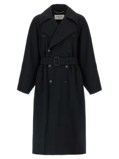 Saint Laurent Long Wool Coat With Belt And Pockets In Blue
