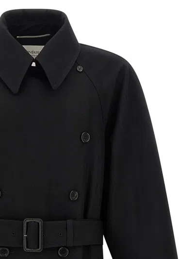 Saint Laurent Long Wool Coat With Belt And Pockets In Blue