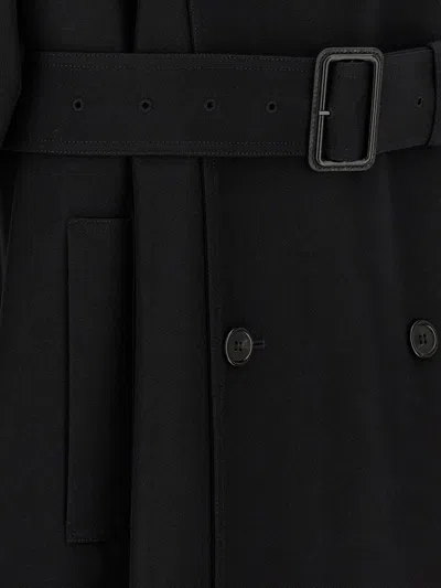 Saint Laurent Long Wool Coat With Belt And Pockets In Blue