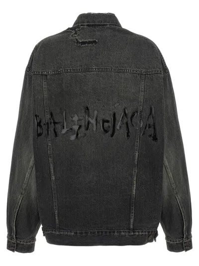 Balenciaga Distressed Denim Jacket With Collar And Pockets In Gray