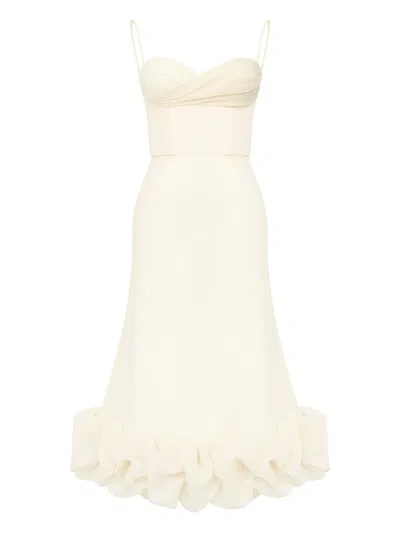 Post Meridiem Draped Bodice Flounced-hem Midi Dress In Neutral