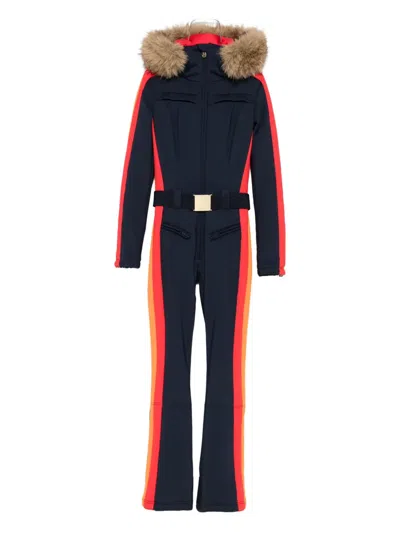 Goldbergh Suvi Belted Hooded Plush-trimmed Padded Down Ski Suit In Blue