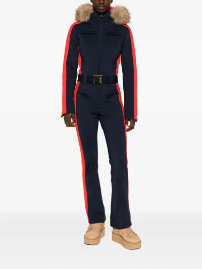 Goldbergh Suvi Belted Hooded Plush-trimmed Padded Down Ski Suit In Blue