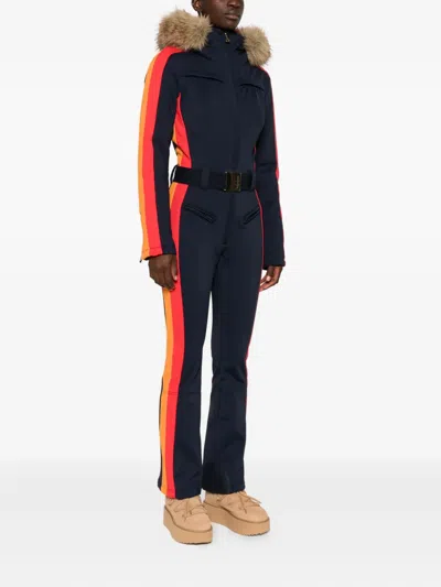 Goldbergh Suvi Belted Hooded Plush-trimmed Padded Down Ski Suit In Blue