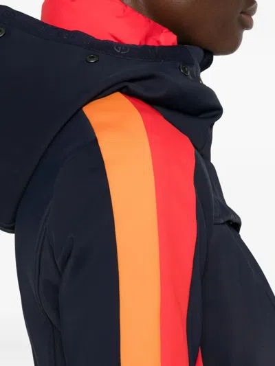 Goldbergh Suvi Belted Hooded Plush-trimmed Padded Down Ski Suit In Blue