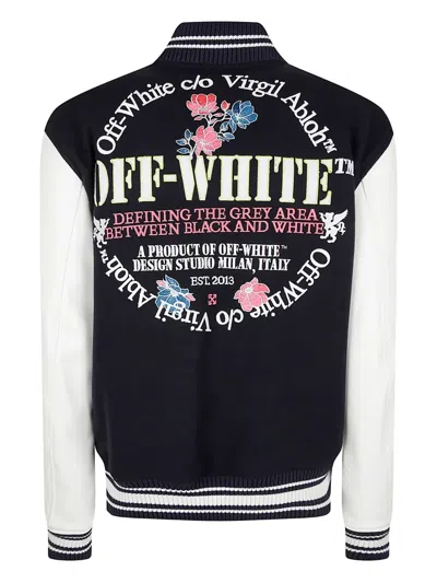 Off-white Varsity Jacket With Ribbed Collar And Contrast Sleeves In Blue