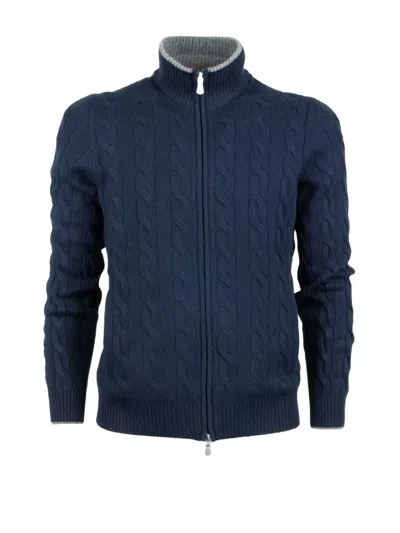 Barba Napoli Cable-knit Zip Cardigan In Blue