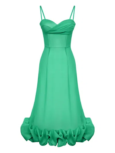 Post Meridiem Draped-bodice Flounced-hem Midi Dress In Green