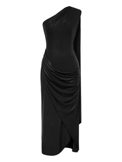 Post Meridiem Draped One-shoulder Midi Dress In Black