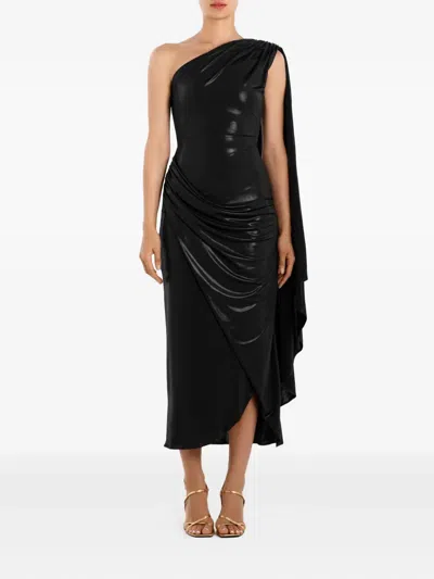 Post Meridiem Draped One-shoulder Midi Dress In Black
