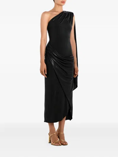 Post Meridiem Draped One-shoulder Midi Dress In Black