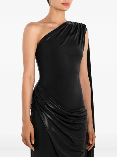 Post Meridiem Draped One-shoulder Midi Dress In Black