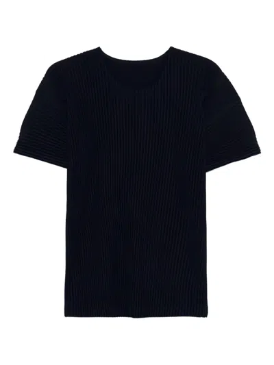 Issey Miyake Textured Pleated T-shirt With Classic Crewneck In Blue