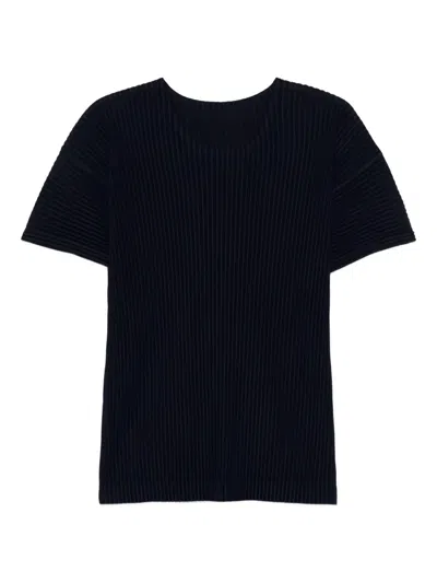 Issey Miyake Textured Pleated T-shirt With Classic Crewneck In Blue