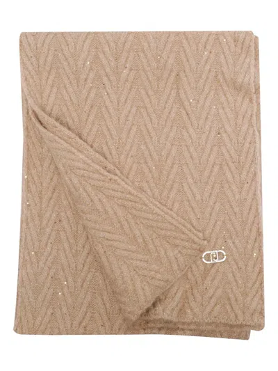 Liu •jo Logo-plaque Chevron Scarf In Brown