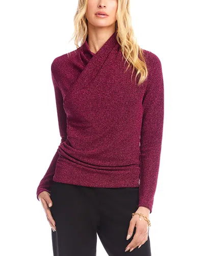 Karen Kane Petite Long Sleeve Metallic Crossover Side Shirred Top In Burgundy