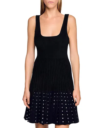 Sandro Womens Black Rhinestone-embellished Sleeveless Knitted Mini Dress In Black