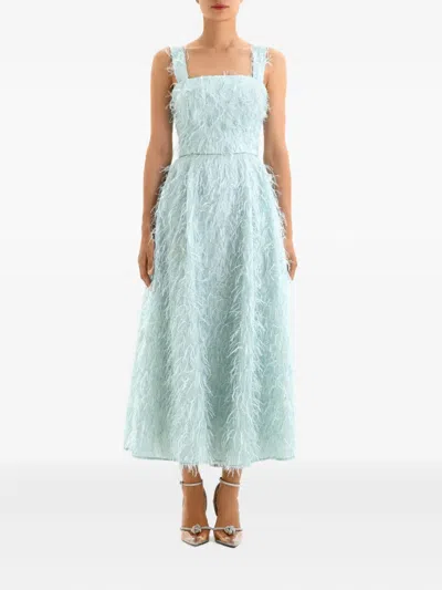 Post Meridiem Feather-embellished Corset Midi Dress In Blue