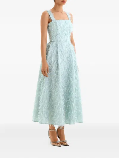 Post Meridiem Feather-embellished Corset Midi Dress In Blue