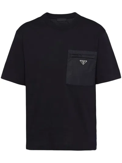 Prada Men's Plain Cotton Badge Pocket T-shirt In Black